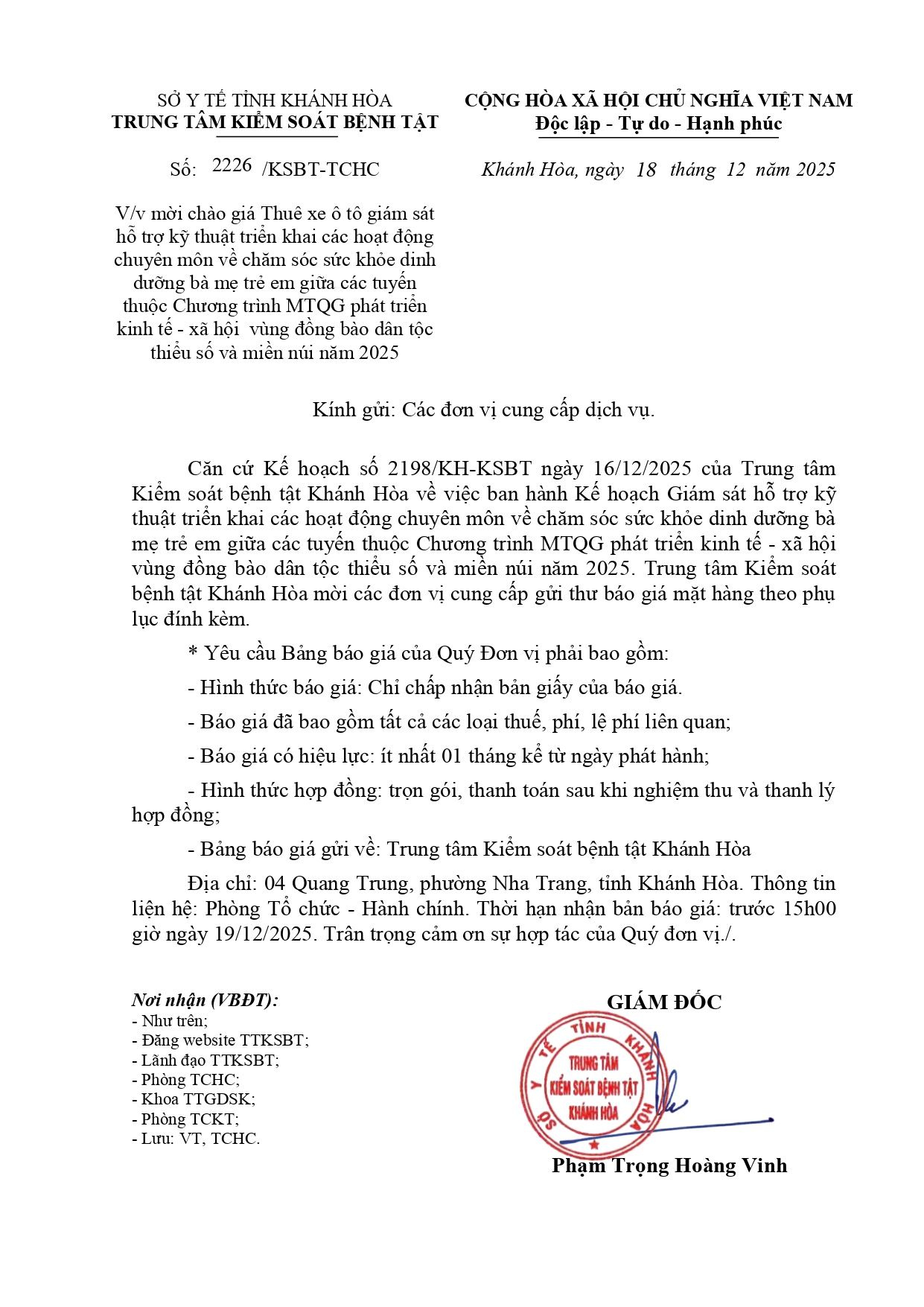 V/v mời chào giá Thuê xe ô tô giám sát hỗ trợ kỹ thuật triển khai các hoạt động chuyên môn về chăm sóc sức khỏe dinh dưỡng bà mẹ trẻ em giữa các tuyến thuộc Chương trình MTQG phát triển kinh tế - xã hội vùng đồng bào dân tộc thiểu số và miền núi năm 2025